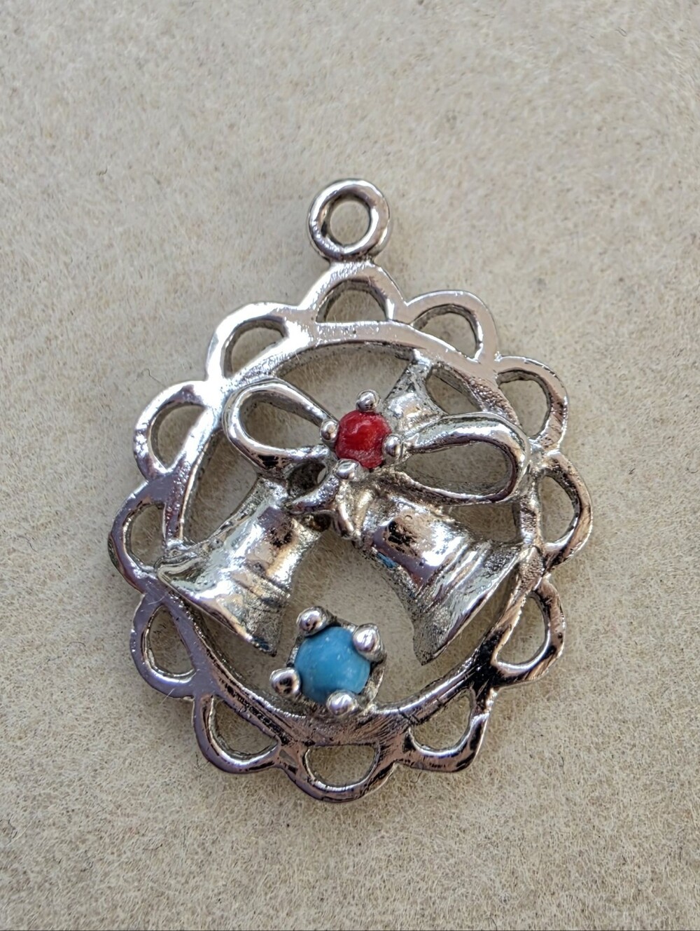 Silver Bell Pendant Necklace Charm with Red and Turquoise-coloured Accents